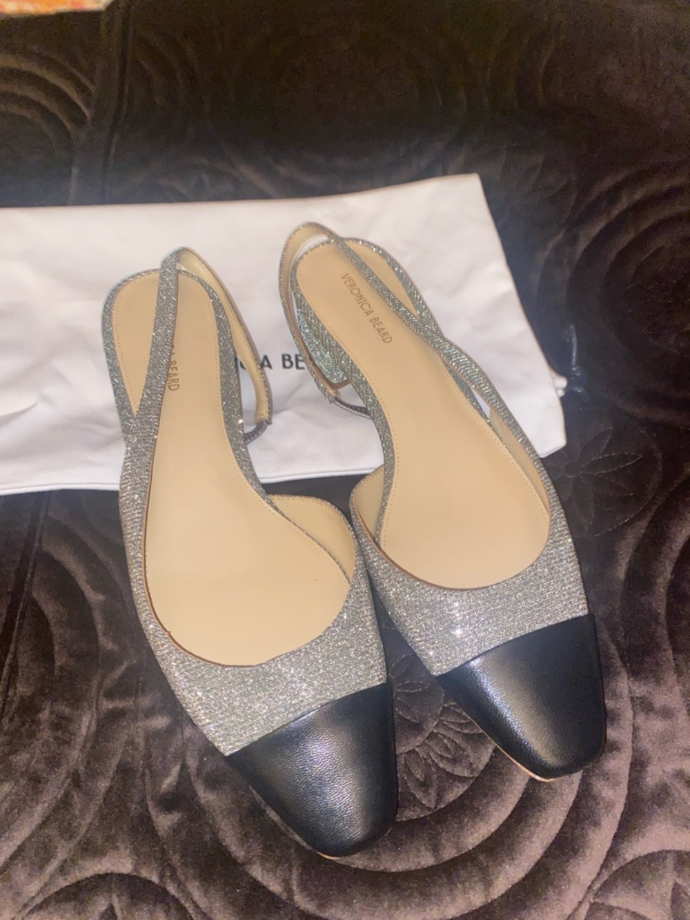 Veronica Beard Silver Glitter Slingback Flats with Black Cap Toe - Picture 7 of 15